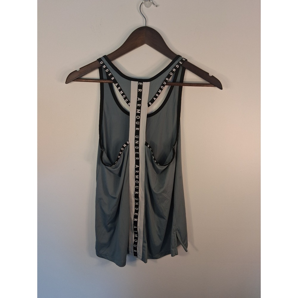 [Sporty] Under Armour HeatGear Racerback Tank Top Women XS Slate Blue Taped Logo - Picture 2 of 6